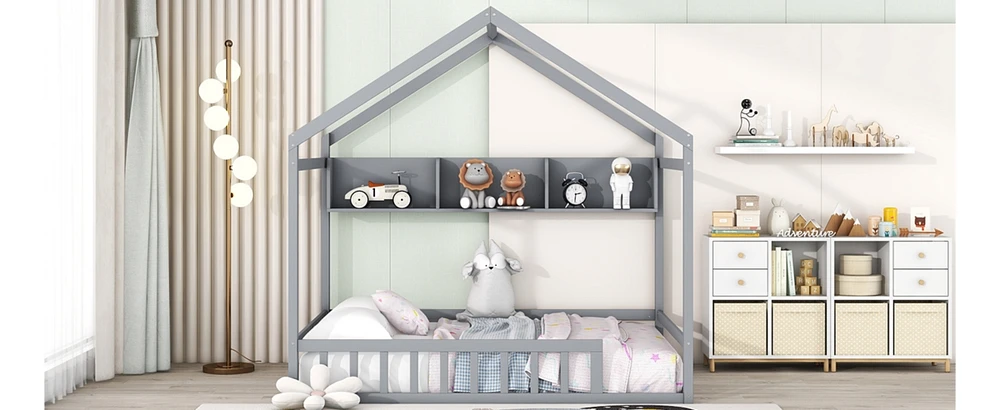 Streamdale Furniture Wooden Full House Bed With Storage Shelf, Kids Fence And Roof, White