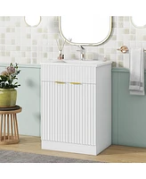 Simplie Fun 24" Modern White Bathroom Vanity with Wavy Door and Gold Handle