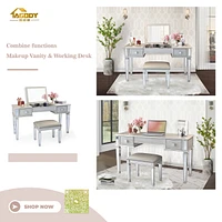 Mirrored Vanity Desk Set with Mirror, Drawers & Stool
