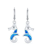 Bling Jewelry Sea Animal Nautical Beach Vacation Inlay Enamel Synthetic Blue Opal Seahorse Dangling Earrings For Women Sterling Silver Leverback