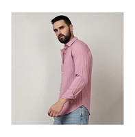 Men's Salmon Pink Self-Design Striped Shirt