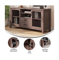 Merrick Lane Agustin Two-Drawer Engineered Wood Buffet Sideboard Cabinet With Open Shelf, Two Tempered Glass Doors For Dining Room/Kitchen