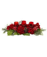 Slickblue Triple Red Hydrangea Candelabrum - Festive Holiday Centerpiece Decor