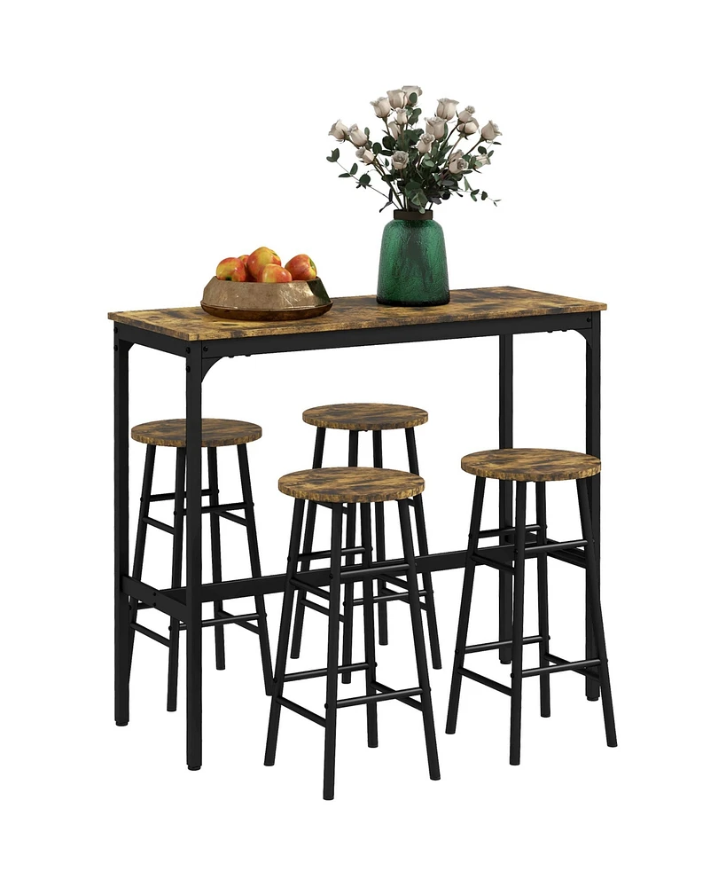 Homcom 5-Piece Bar Table and Chairs Set for Dining Room, Rustic Brown