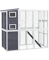 PawHut Wooden Outdoor Catio with Platforms, Asphalt Roof, Ramps, Light Gray