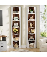 Tribesigns 70.9 Inch Tall Narrow Bookcase 6-Tier Corner Bookshelf White and Walnut Corner Bookcase with Storage, Freestanding Boat