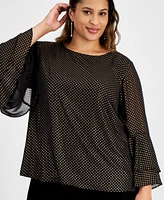 Kasper Plus Metallic Dot Bell-Sleeve Scoop-Neck Top