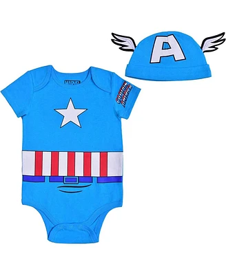 Children's Apparel Network Captain America Baby Boys and Girls Blue Bodysuit Hat Set