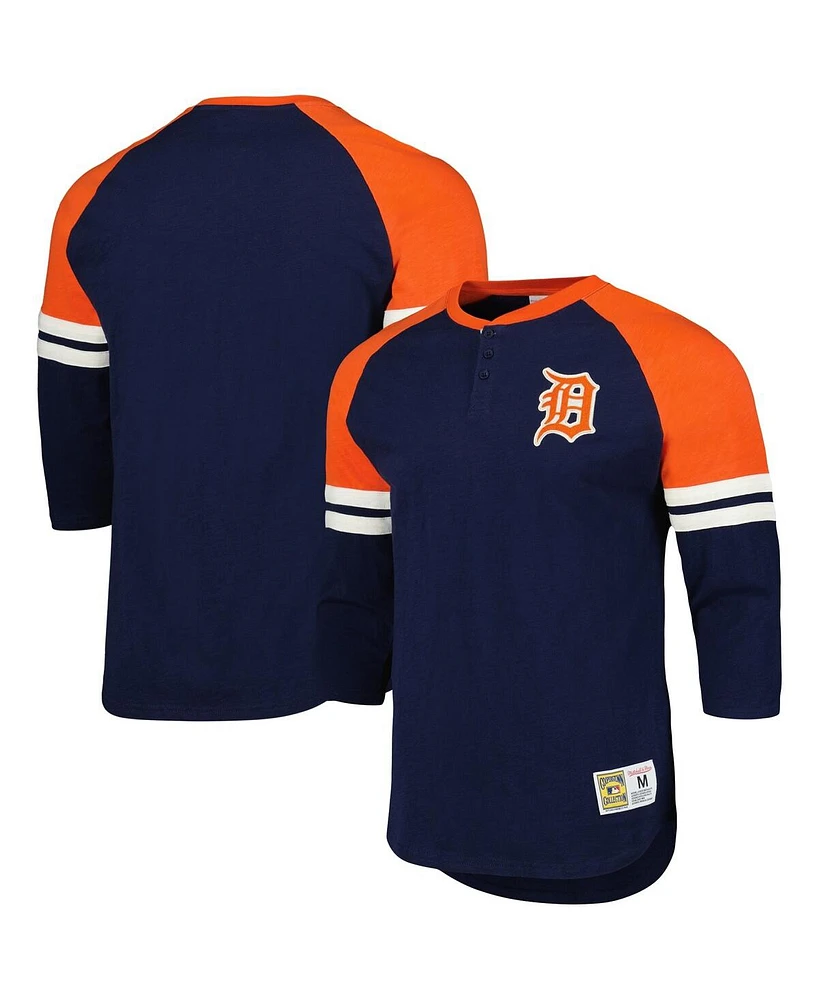 Mitchell & Ness Men's Navy Detroit Tigers Cooperstown Collection Legendary Raglan Slub Henley Three-Quarter Sleeve T-Shirt