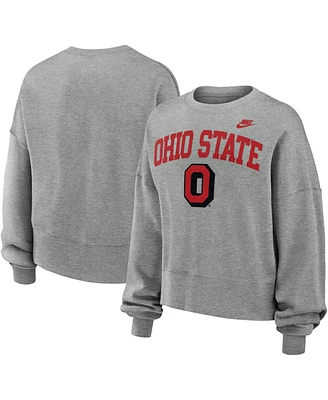 Nike Women's Heather Gray Ohio State Buckeyes Legacy Fleece Classic Arch Oversized Cropped Pullover Sweatshirt