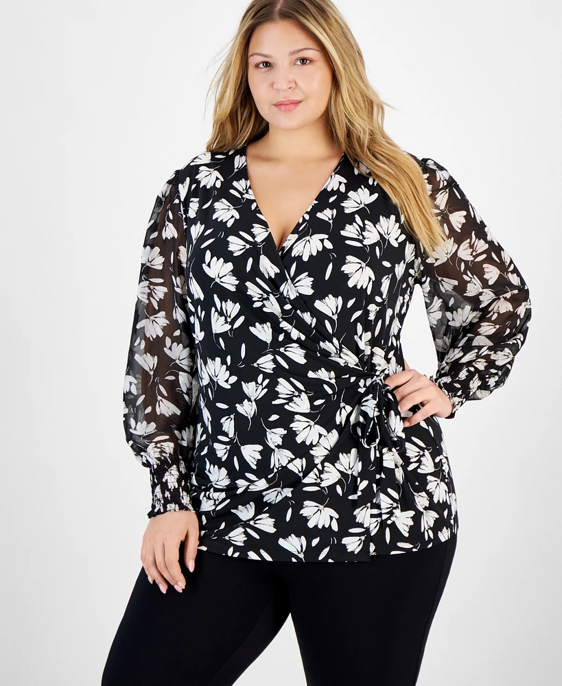 Anne Klein Plus Floral-Print Sheer-Sleeve Wrap Top