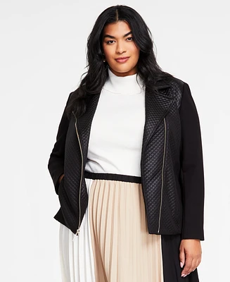 Anne Klein Plus Quilted Mixed-Media Moto Jacket