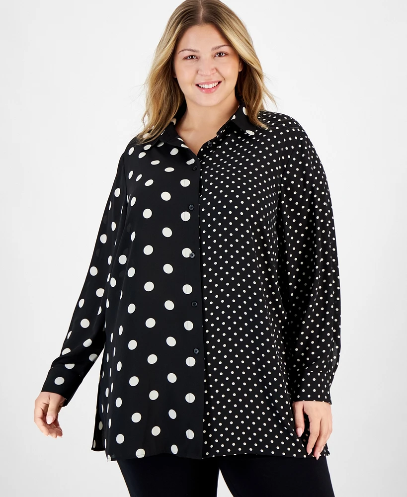 Anne Klein Plus Mixed Dot-Print Long-Sleeve Blouse