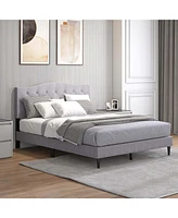 Queen Size Upholstered Platform Bed Linen Bed Frame with Button Tufted Headboard