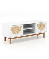 Costway Tv Stand for 55-Inch TVs with 2 Drawers & Woven Fronts Solid Wood Legs