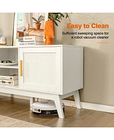 Gymax Tv Stand Entertainment Media Console w/ 2 Rattan Cabinets & Open Shelves