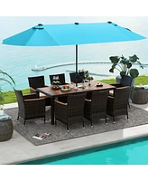 Costway 11 Pcs Patio Wicker Dining Set with Double-Sided Outdoor Umbrella 8 Stackable Chairs