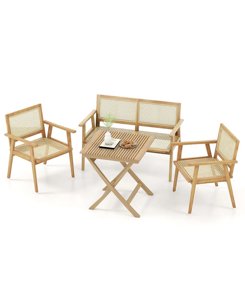 Costway Patio Bistro Table Chair Set with Natural Rattan Seat Indonesia Teak Wood Frame Space Saving