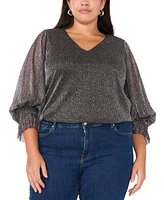 Vince Camuto Plus Metallic V-Neck Smocked-Cuff Top