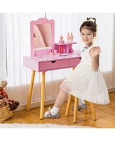 Costway Kid Vanity Table Chair Set with Mirror Large Storage Drawers Wooden Legs