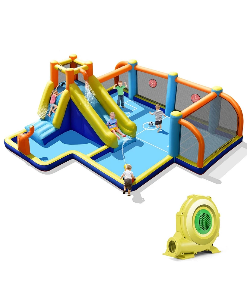 Costway Giant Soccer-Themed Inflatable Water Slide Bouncer Splash Pool With 735W Blower