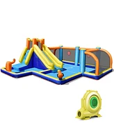Costway Giant Soccer-Themed Inflatable Water Slide Bouncer Splash Pool With 735W Blower