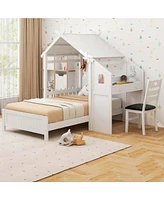 Twin House Bed with Desk & Chair with 2 Drawers Windmill Fence & Headboard for Teens