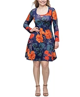 24seven Comfort Apparel Women's Navy Floral Print Long Sleeve Knee Length Dress