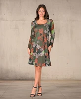 24seven Comfort Apparel Women's Green Paisley Print Long Sleeve Knee Length Dress