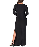 24seven Comfort Apparel Women's Fitted Long Sleeve Shimmery Side Slit Maxi Dress