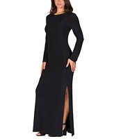 24seven Comfort Apparel Women's Fitted Long Sleeve Shimmery Side Slit Maxi Dress