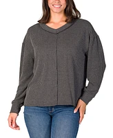 24seven Comfort Apparel Women's Relaxed Fit Ribbed Knit V Neck Sweater Top