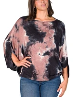 24seven Comfort Apparel Women's Mocha Tie Dye Batwing Sleeve Relaxed Fit Top