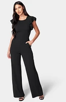 Bebe Women's Scuba Crepe Jumpsuit With Ruffle Sleeve