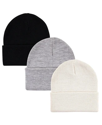 Hudson Baby Unisex Knit Cuffed Beanie 3pk, Cream Black, Adult