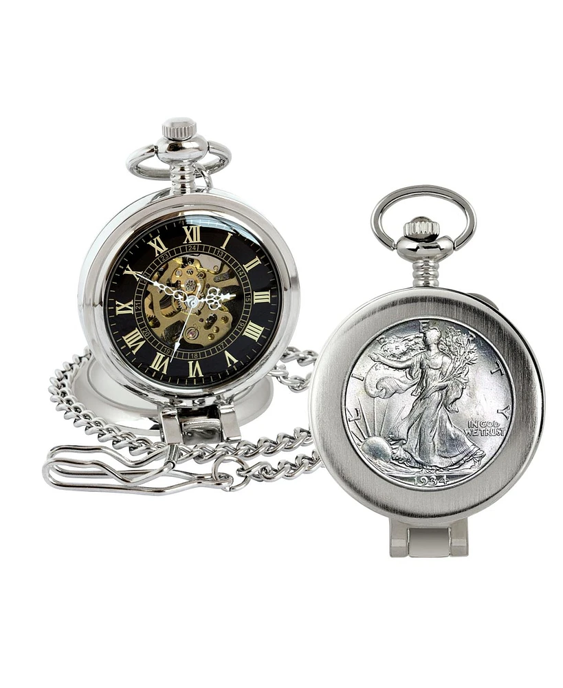 American Coin Treasures 16271 Silver Walking Liberty Half Dollar Coin Pocket Watch with Skeleton Movement, Black Dial with Gold Roman Numerals