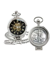 American Coin Treasures 16271 Silver Walking Liberty Half Dollar Coin Pocket Watch with Skeleton Movement, Black Dial with Gold Roman Numerals