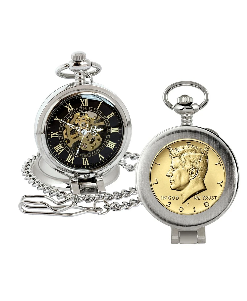 American Coin Treasures 16274 Gold-Layered Jfk Half Dollar Coin Pocket Watch with Skeleton Movement, Black Dial with Gold Roman Numerals