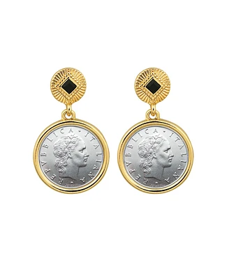 American Coin Treasures 17097 Italian 50 Lire Coin Goldtone Art Decor Earrings with Black Stone, Gold