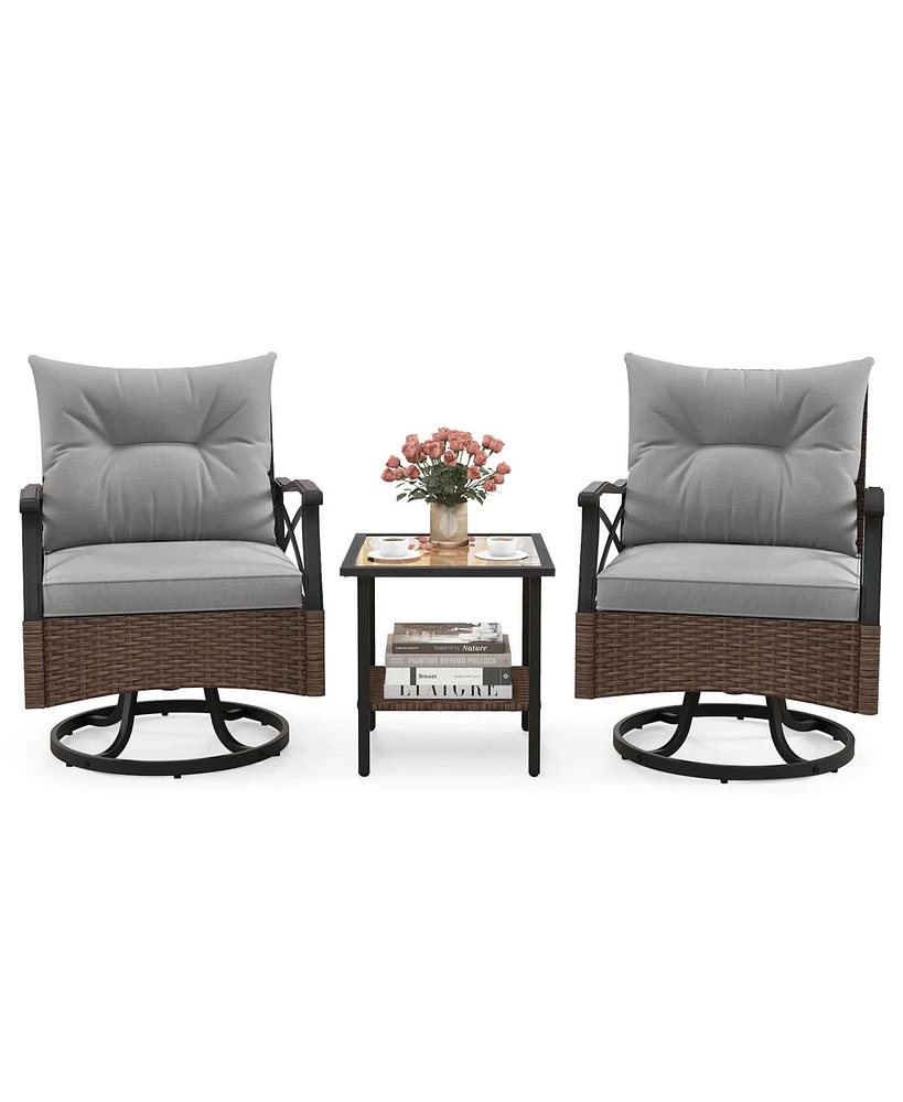 Costway 3 Pcs Patio Swivel Rocker Set with 2-Tier Coffee Table & Cozy Seat Back Cushions