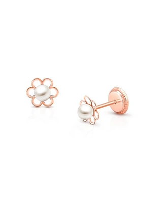 Tiny Blessings Children's 14K Gold Petals and Pearls Studs Girls' Screw Back Earrings