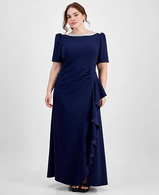 Alex Evenings Plus Size Embellished Boat-Neck Cascade Ruffle Gown