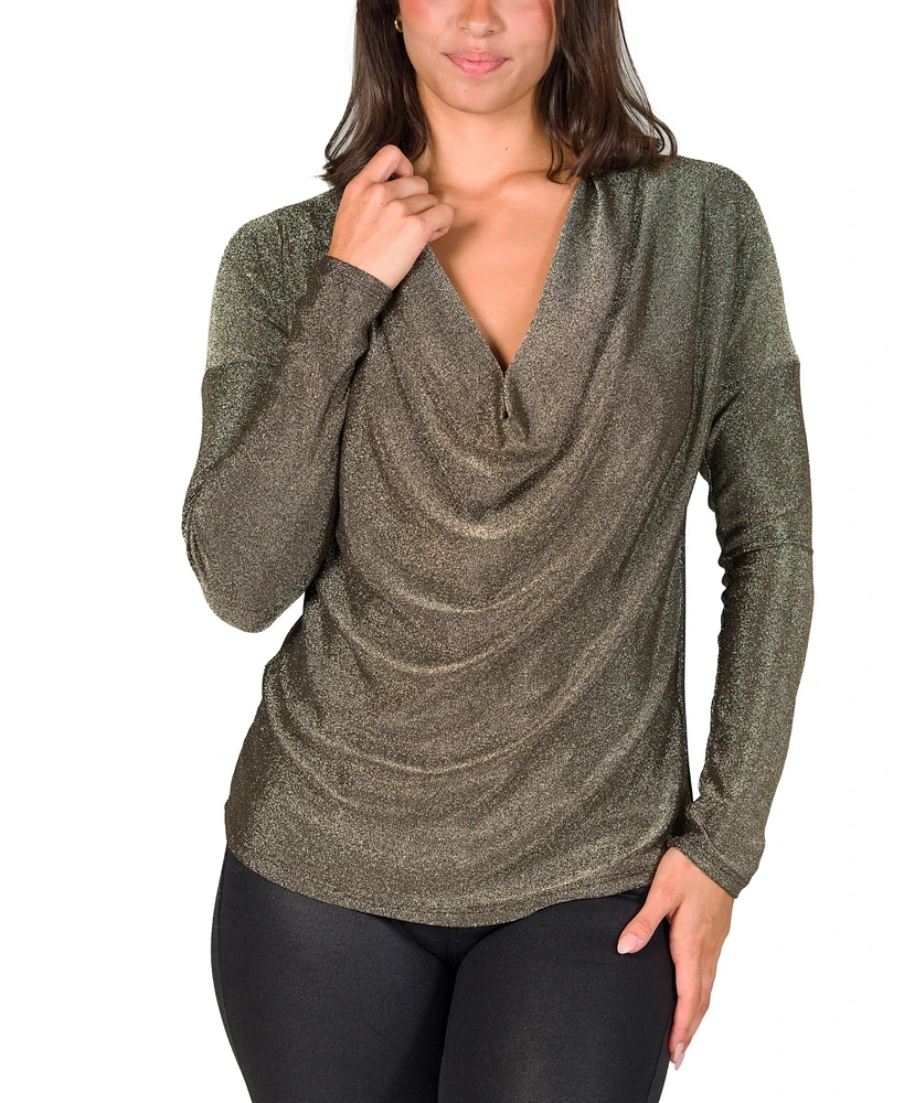 24seven Comfort Apparel Women's Cowl Neck Long Sleeve Shimmery Fabric Top