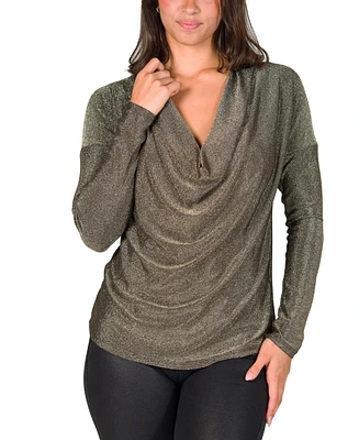 24seven Comfort Apparel Women's Cowl Neck Long Sleeve Shimmery Fabric Top