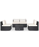 Gymax 5PCS Patio Outdoor Rattan Sofa Conversation Set w/ Seat & Back Cushions Off White