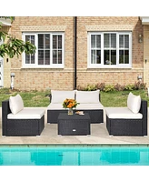 Gymax 5PCS Patio Outdoor Rattan Sofa Conversation Set w/ Seat & Back Cushions Off White
