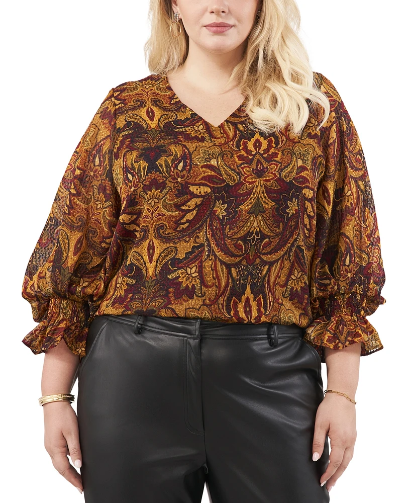 Vince Camuto Plus Size Printed V-Neck Balloon-Sleeve Top