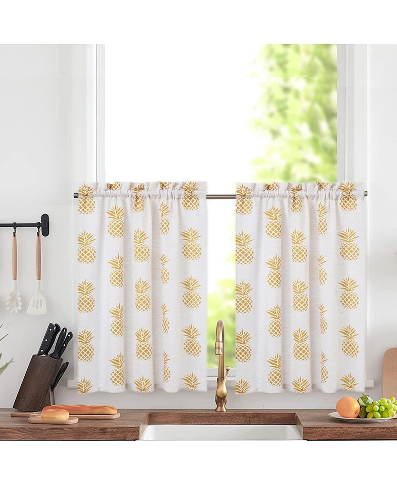 Caromio Pineapple Print Linen Blend Kitchen Tier Window Curtain Pair, 55" x 24"