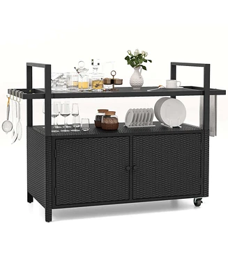 Outdoor Bar Cart with Tempered Glass Top Storage Cabinet & 8 Hooks for Porch