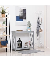 Homcom Grey Wooden Entryway Tabletop Furniture with Display Shelf Stand and X Bar